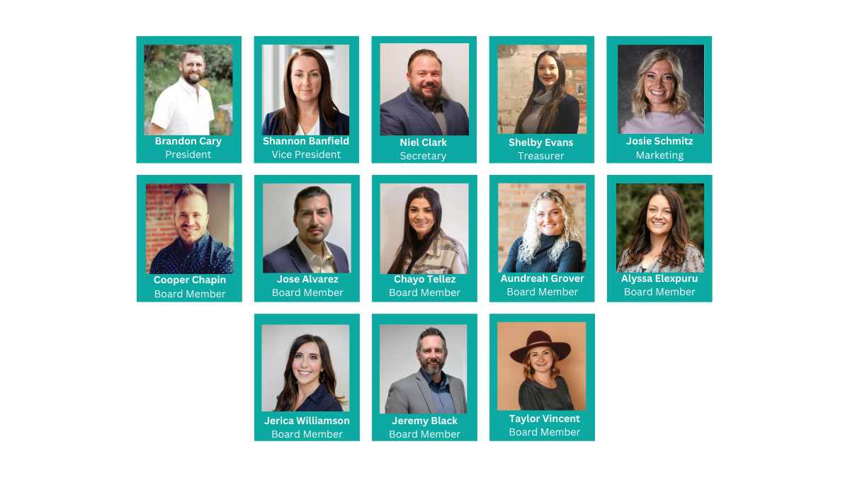 A digital graphic displays the board members of the Idaho Pediatric Cancer Coalition (IPCC) Magic Valley Board for 2025. The board members' photos are arranged in a grid format, each framed by a teal-colored border. Each member's name and role are displayed below their photo in white text. The members include Brandon Cary (President), Shannon Banfield (Vice President), Niel Clark (Secretary), Shelby Evans (Treasurer), Josie Schmitz (Marketing), Cooper Chapin (Board Member), Jose Alvarez (Board Member), Chayo Tellez (Board Member), Aundreah Grover (Board Member), Alyssa Elexpuru (Board Member), Jerica Williamson (Board Member), Jeremy Black (Board Member), and Taylor Vincent (Board Member). The background is black, contrasting with the teal frames and white text.