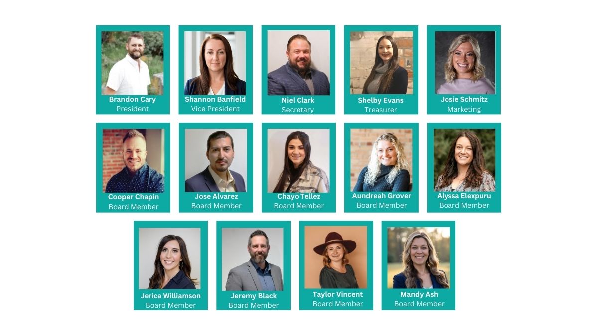 Group photo collage of the 2025 Idaho Pediatric Cancer Coalition (IPCC) Magic Valley Board members. The image includes 14 individual headshots, each framed in teal with names and titles. Top row: Brandon Cary (President), Shannon Banfield (Vice President), Niel Clark (Secretary), Shelby Evans (Treasurer), Josie Schmitz (Marketing). Middle row: Cooper Chapin, Jose Alvarez, Chayo Tellez, Aundreah Grover, Alyssa Elexpuru (all Board Members). Bottom row: Jerica Williamson, Jeremy Black, Taylor Vincent, and Mandy Ash (all Board Members). Everyone is smiling and professionally dressed.