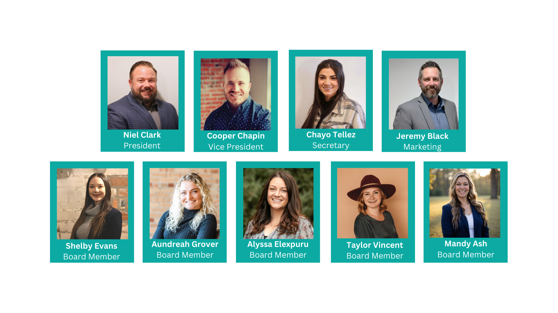 Graphic showing the Idaho Pediatric Cancer Coalition Magic Valley Board. Top row: Niel Clark, President; Cooper Chapin, Vice President; Chayo Tellez, Secretary; Jeremy Black, Marketing. Bottom row: Shelby Evans, Board Member; Aundreah Grover, Board Member; Alyssa Elexpuru, Board Member; Taylor Vincent, Board Member; Mandy Ash, Board Member. Each person is shown in an individual headshot framed in teal.